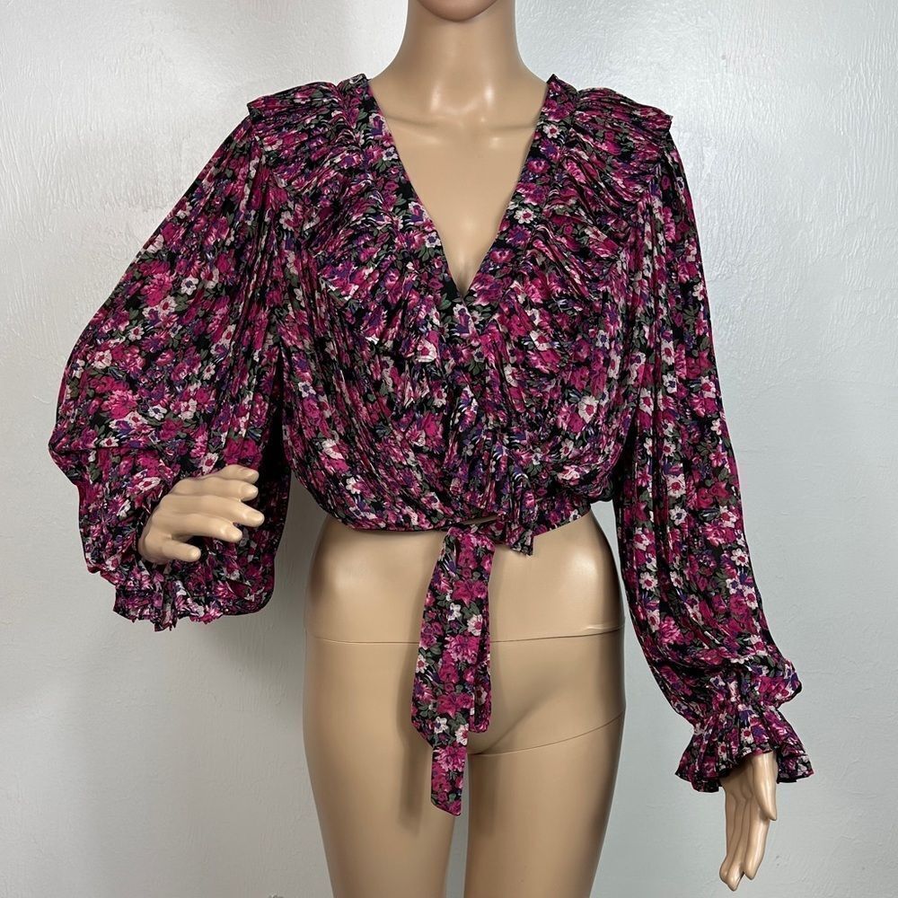 ENDLESS ROSE Floral Ruffle Trim Crop Top In Fuchsia Multi Size S - Picture 2 of 11